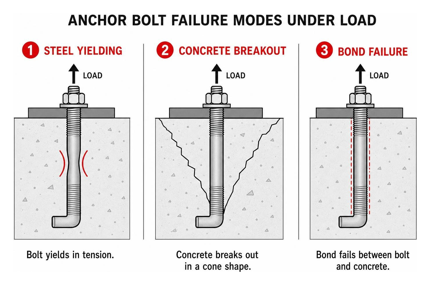 Diagram showing the failure modes of anchor bolts under load: steel yielding, concrete breakout, and bond failure