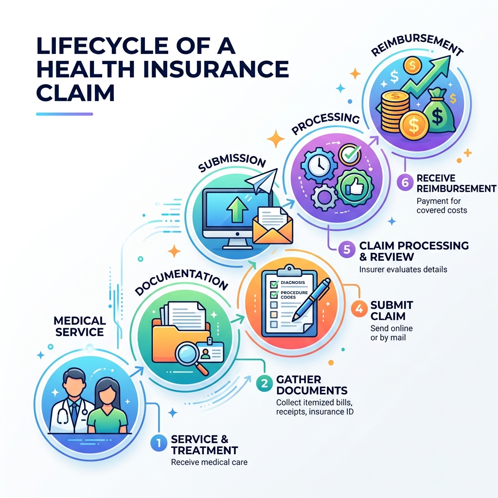 Lifecycle of a health insurance claim from service to reimbursement - how to submit claim infographic Lifecycle of a health insurance claim from service to reimbursement - how to submit claim infographic