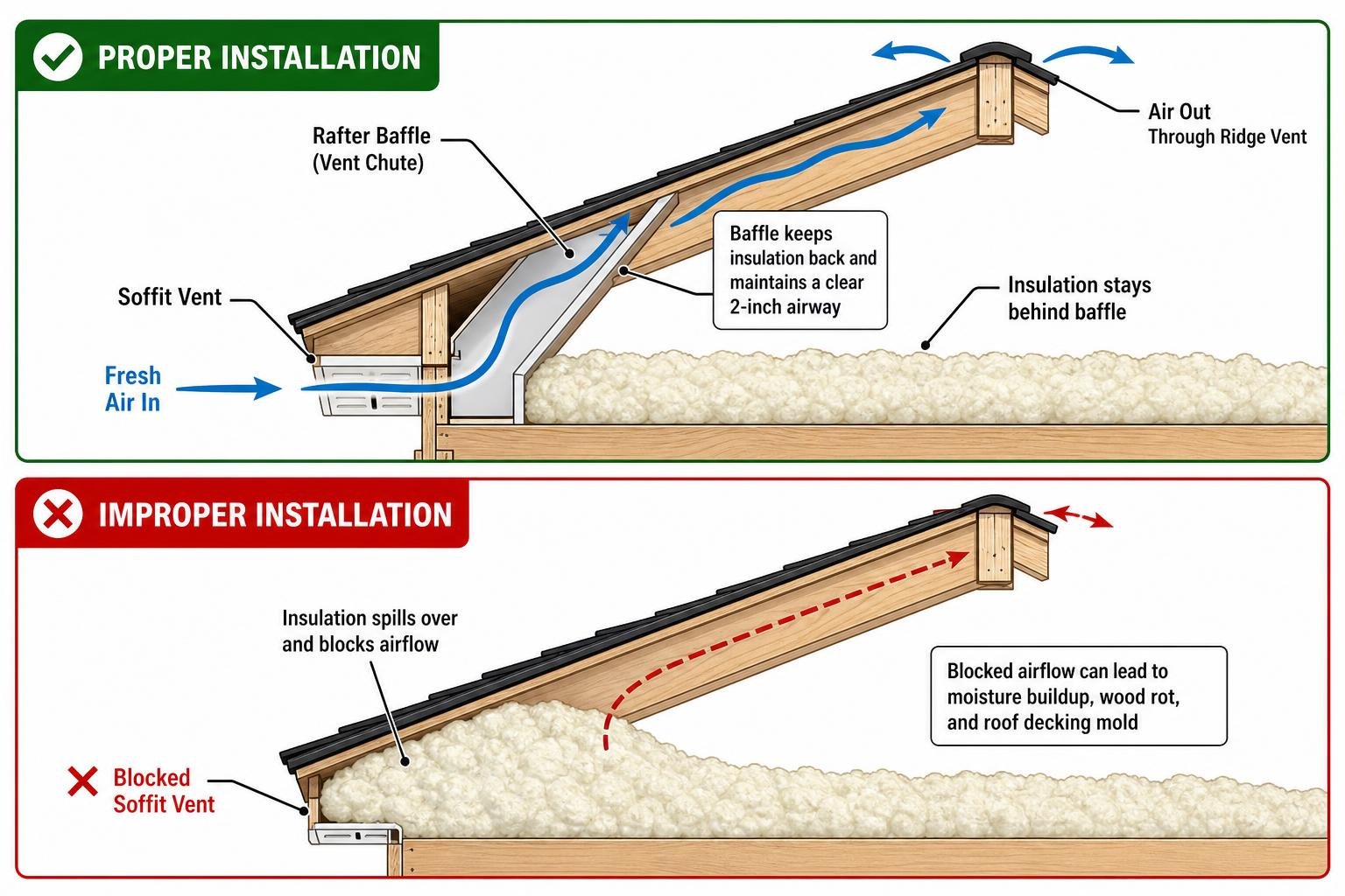 diagram of proper rafter baffle installation preventing insulation from blocking soffit ventilation diagram of proper rafter baffle installation preventing insulation from blocking soffit ventilation