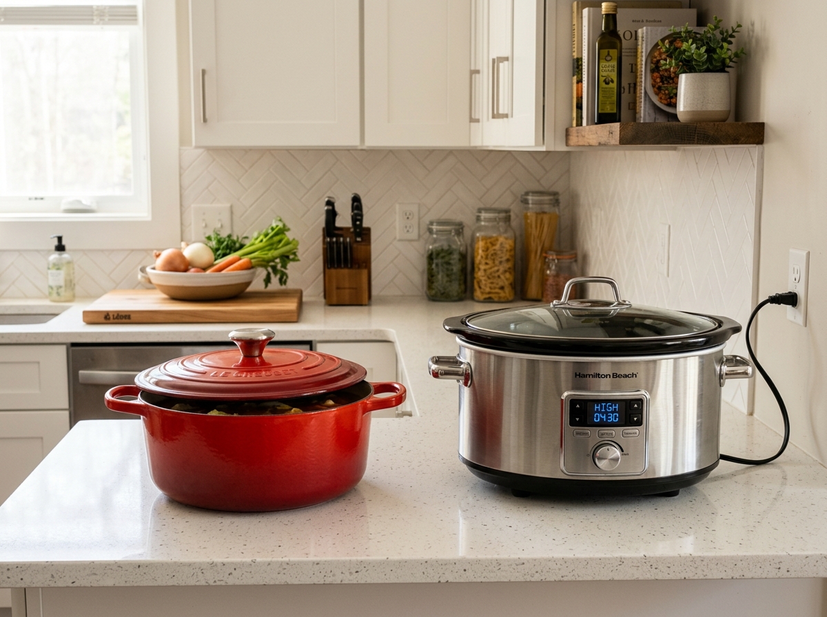 slow cooker and Dutch oven on a kitchen counter - easy batch cook recipes