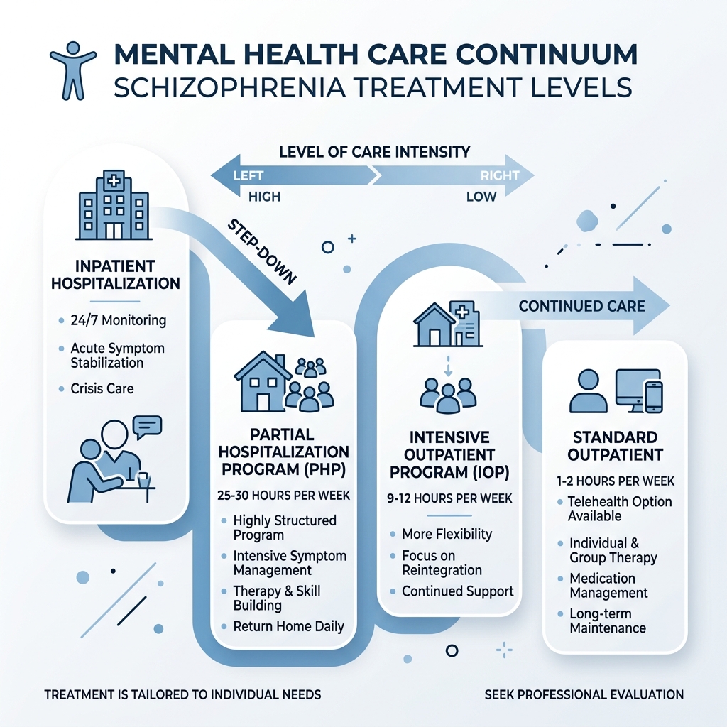 Mental health care continuum from inpatient to outpatient showing PHP, IOP, and standard outpatient options - partial