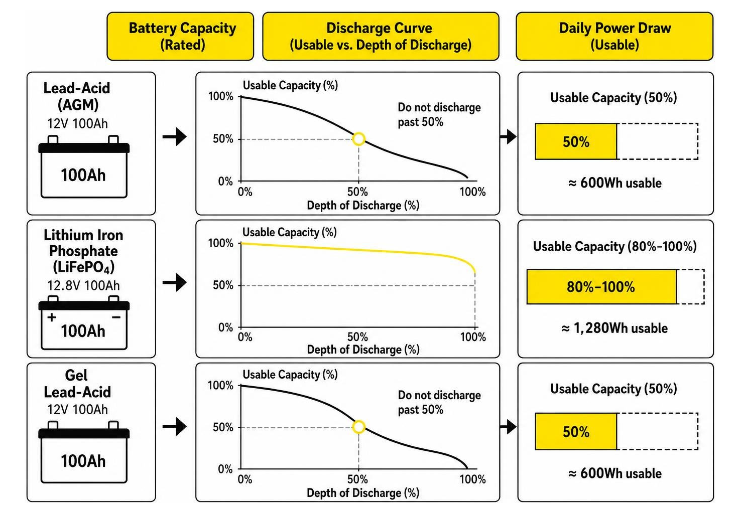 Comparison diagram showing battery capacity, discharge curves, and daily power draw Comparison diagram showing battery capacity, discharge curves, and daily power draw