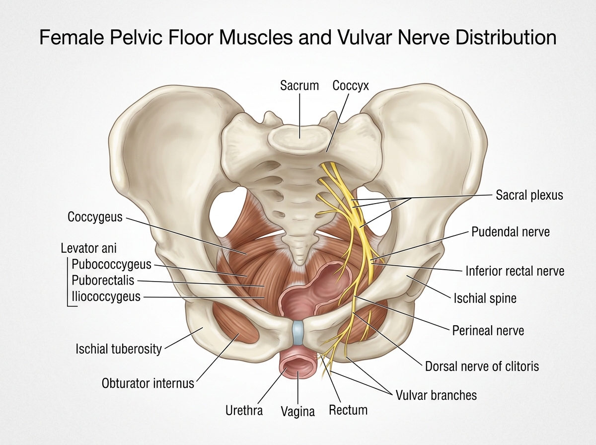 Pelvic floor anatomy and vulvar nerve distribution - vulvodynia treatment options