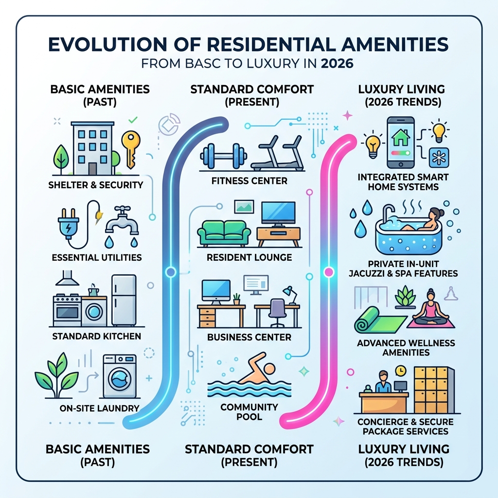 Infographic showing the evolution of residential amenities from basic to luxury in 2026 - apartment for rent with jacuzzi