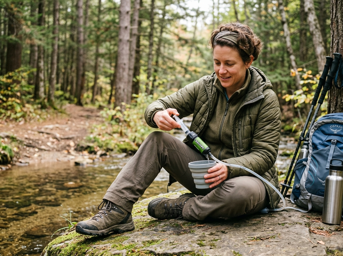Hiker backflushing a water filter with a syringe - water filter for backpackers