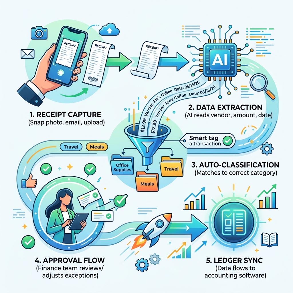 workflow infographic from receipt capture to ledger sync showing 5 automation steps - expense categorization automation