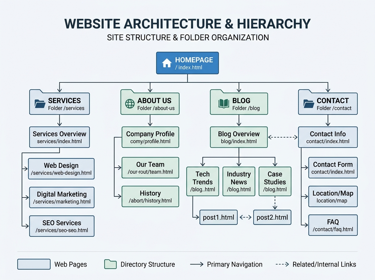 Diagram of a clean website architecture showing hierarchical flow from homepage to subpages - seo driven web development
