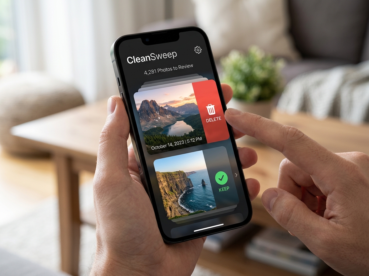 Swipe-to-delete interface for quick photo cleaning - best iphone photo organizer