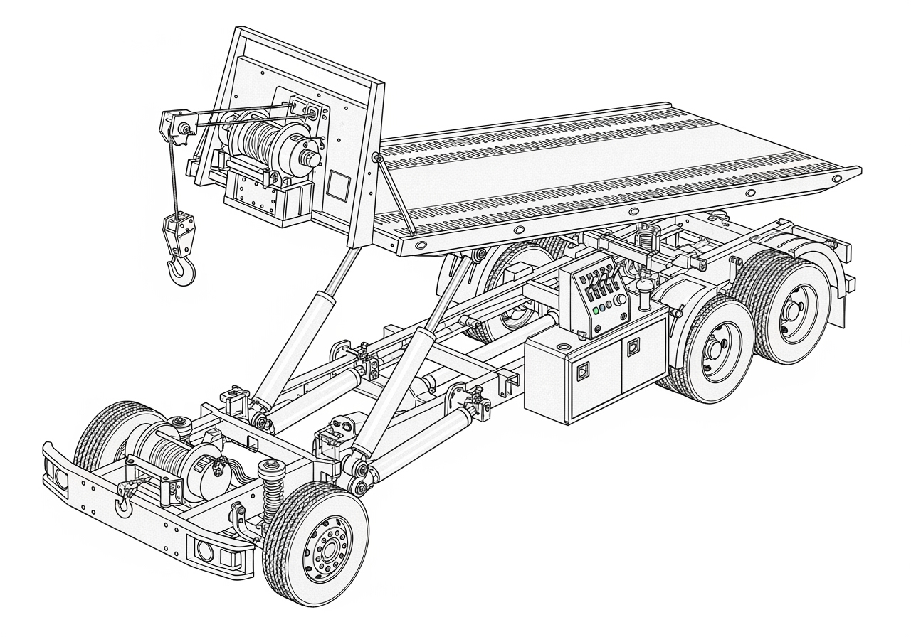 diagram labeling the key components of a flatbed wrecker truck - flatbed wrecker truck