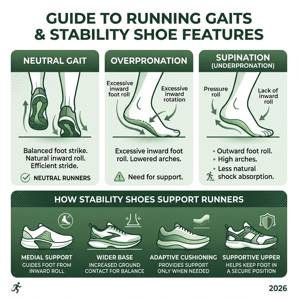 infographic comparing neutral gait, overpronation, and supination with stability shoe features - stability shoes for runners