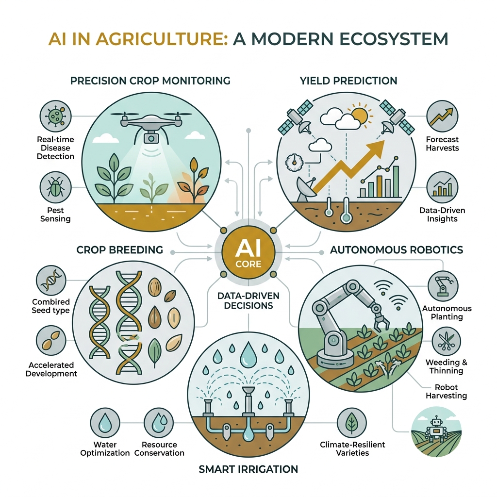 AI farming ecosystem infographic showing applications from crop monitoring to autonomous robots - ai in agriculture