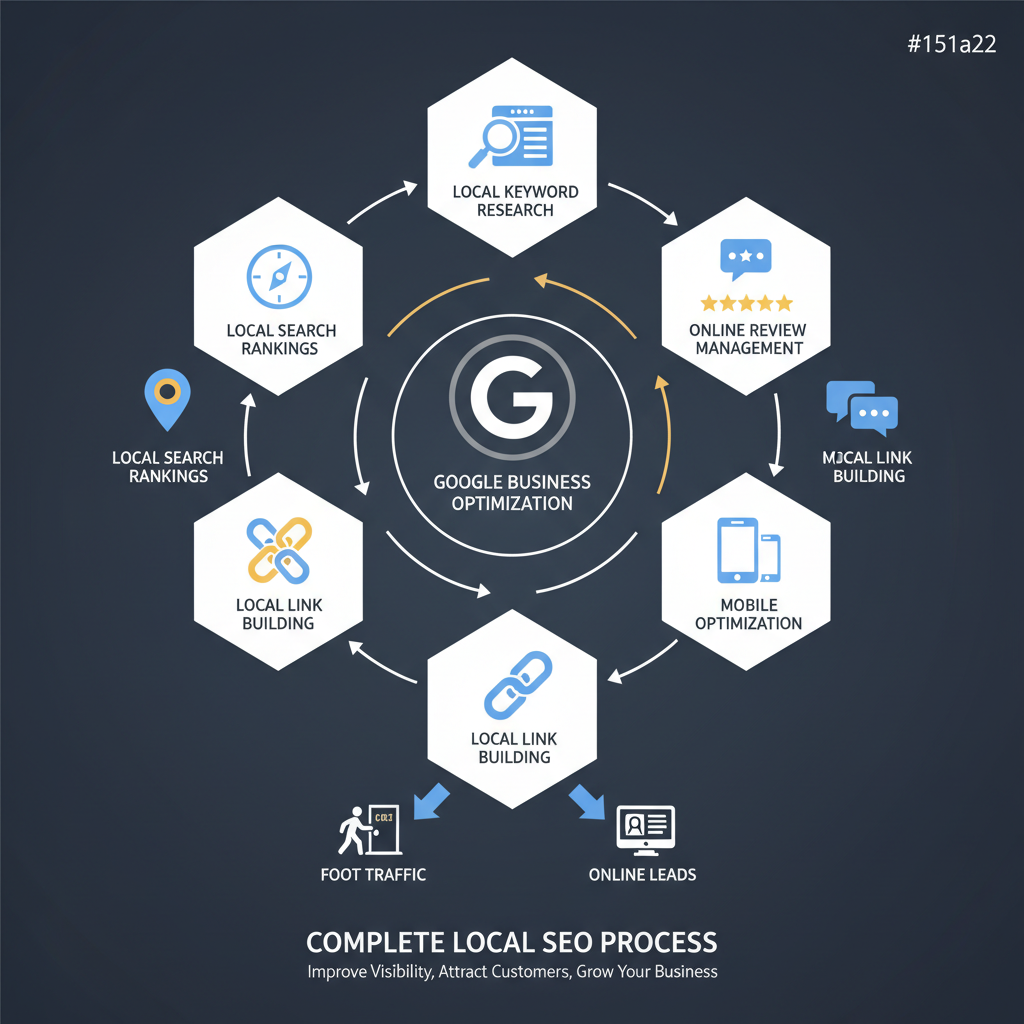 Infographic showing the complete local SEO process: Google Business Profile optimization at the center, surrounded by key components including local keyword research, citation building across directories, online review management, mobile optimization, and local link building, with arrows showing how these elements work together to improve local search rankings and drive both foot traffic and online leads - local seo services aurora infographic Infographic showing the complete local SEO process: Google Business Profile optimization at the center, surrounded by key components including local keyword research, citation building across directories, online review management, mobile optimization, and local link building, with arrows showing how these elements work together to improve local search rankings and drive both foot traffic and online leads - local seo services aurora infographic