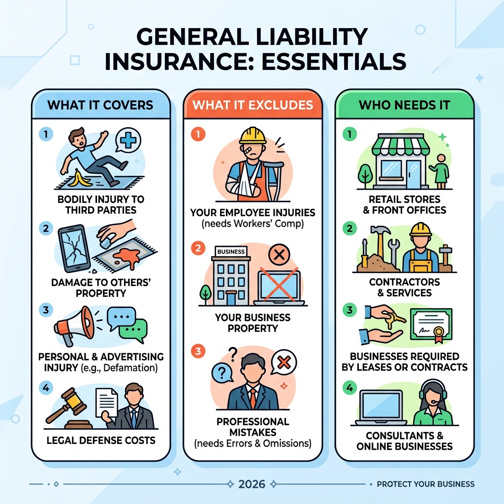 Infographic showing general liability insurance basics: what it covers, what it excludes, and who needs it - general Infographic showing general liability insurance basics: what it covers, what it excludes, and who needs it - general