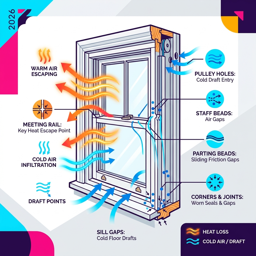 Infographic showing heat escape routes and draft points in a traditional sash window - draft proofing for sash windows
