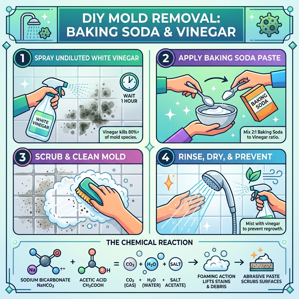 Infographic showing step-by-step baking soda and vinegar mold removal process with chemical reaction - baking soda vinegar Infographic showing step-by-step baking soda and vinegar mold removal process with chemical reaction - baking soda vinegar