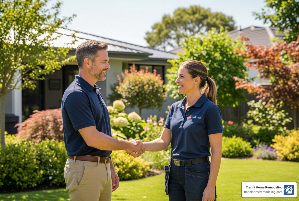 a homeowner smiling while shaking hands with a contractor in a backyard setting - backyard renovation companies near me