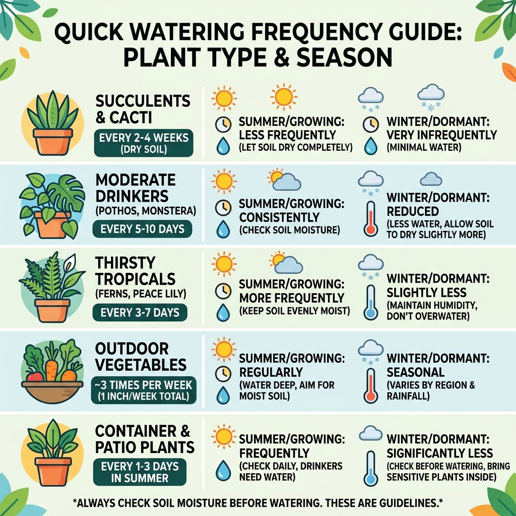 Infographic showing quick watering frequency guide by plant type and season - watering schedule for plants infographic 