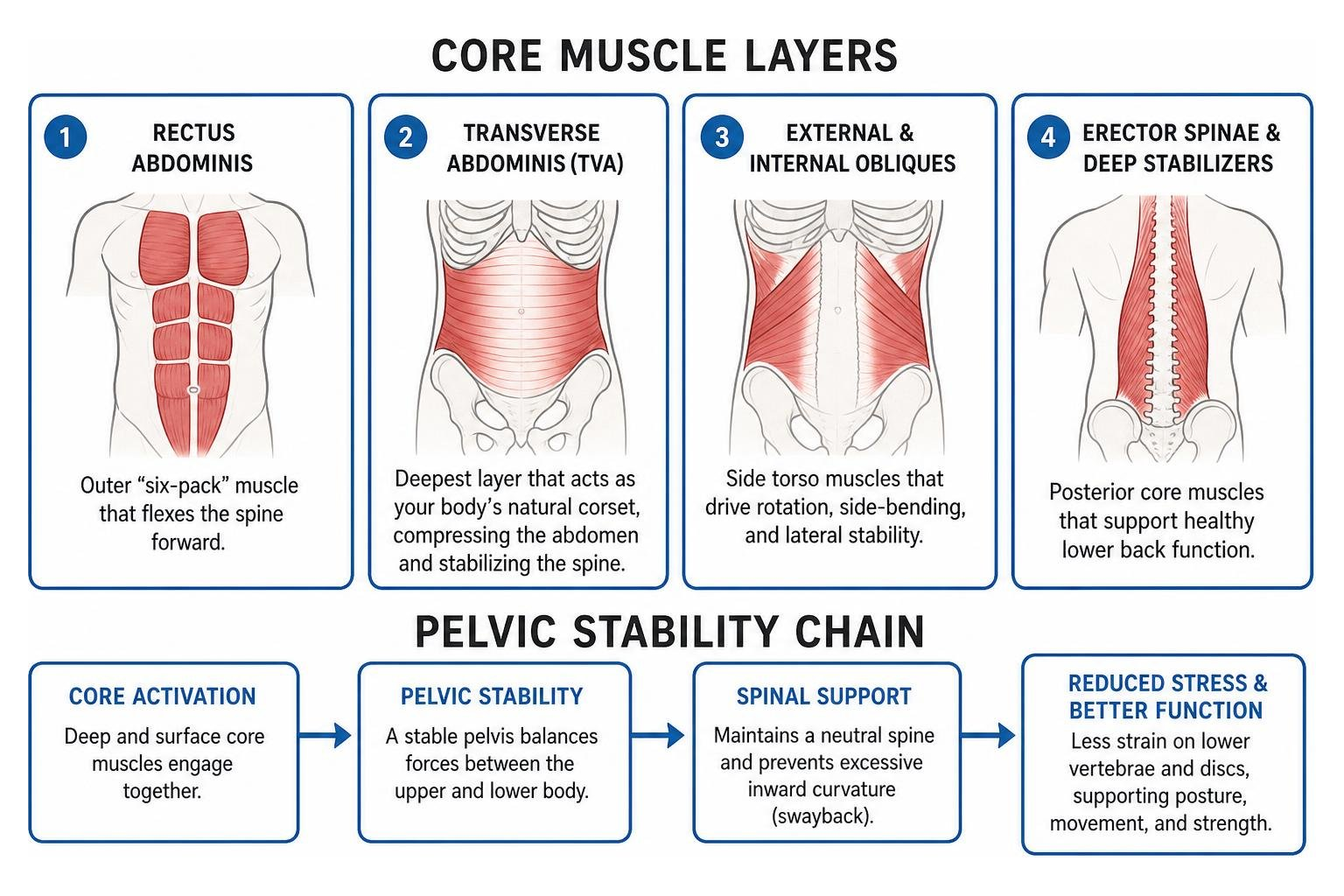 Core muscle layers and pelvic stability chain