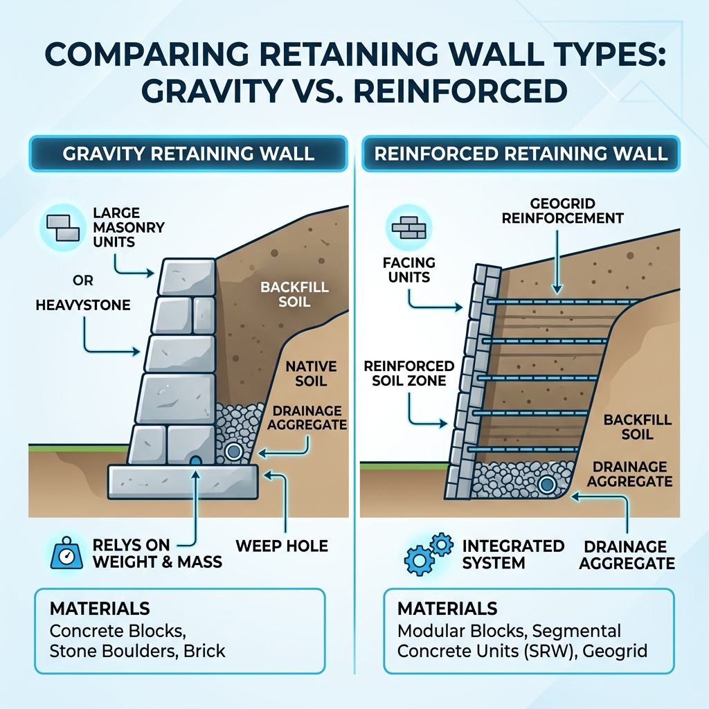 Infographic comparing gravity wall vs reinforced retaining wall components and materials - Masonry retaining walls