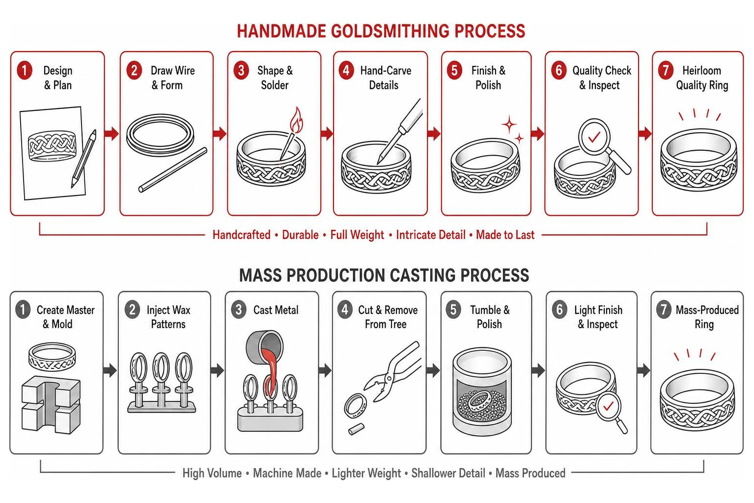 Comparison of handmade goldsmithing vs mass production casting process for Celtic rings