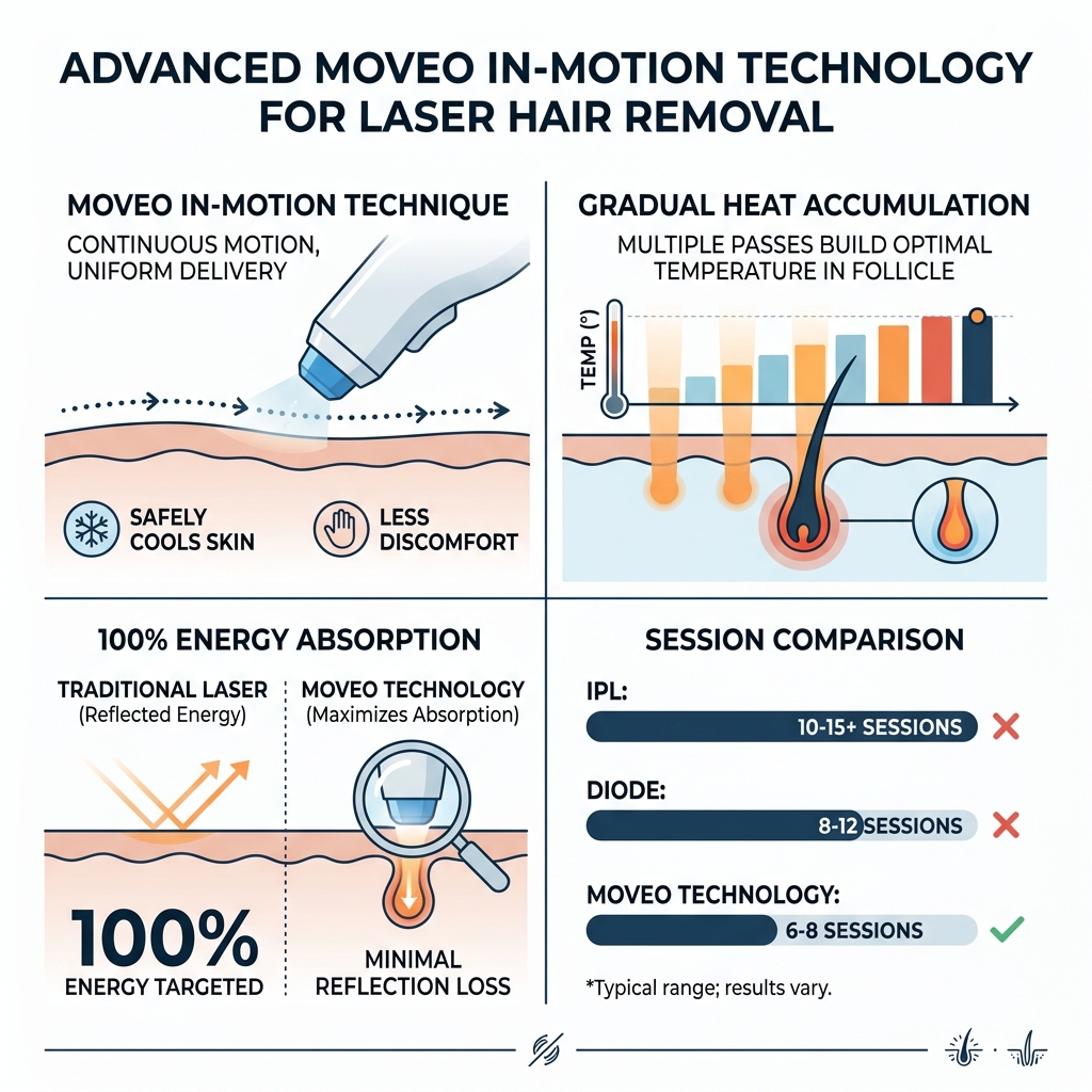 Infographic showing Moveo in-motion technique, heat accumulation, 100% energy absorption, and session comparison vs IPL and