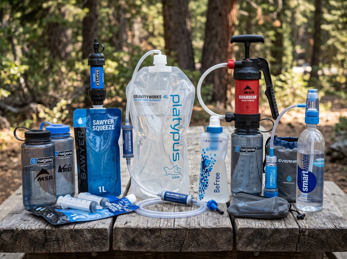 A collection of various backpacking filters including squeeze, pump, and gravity models - water filtration system backpacking