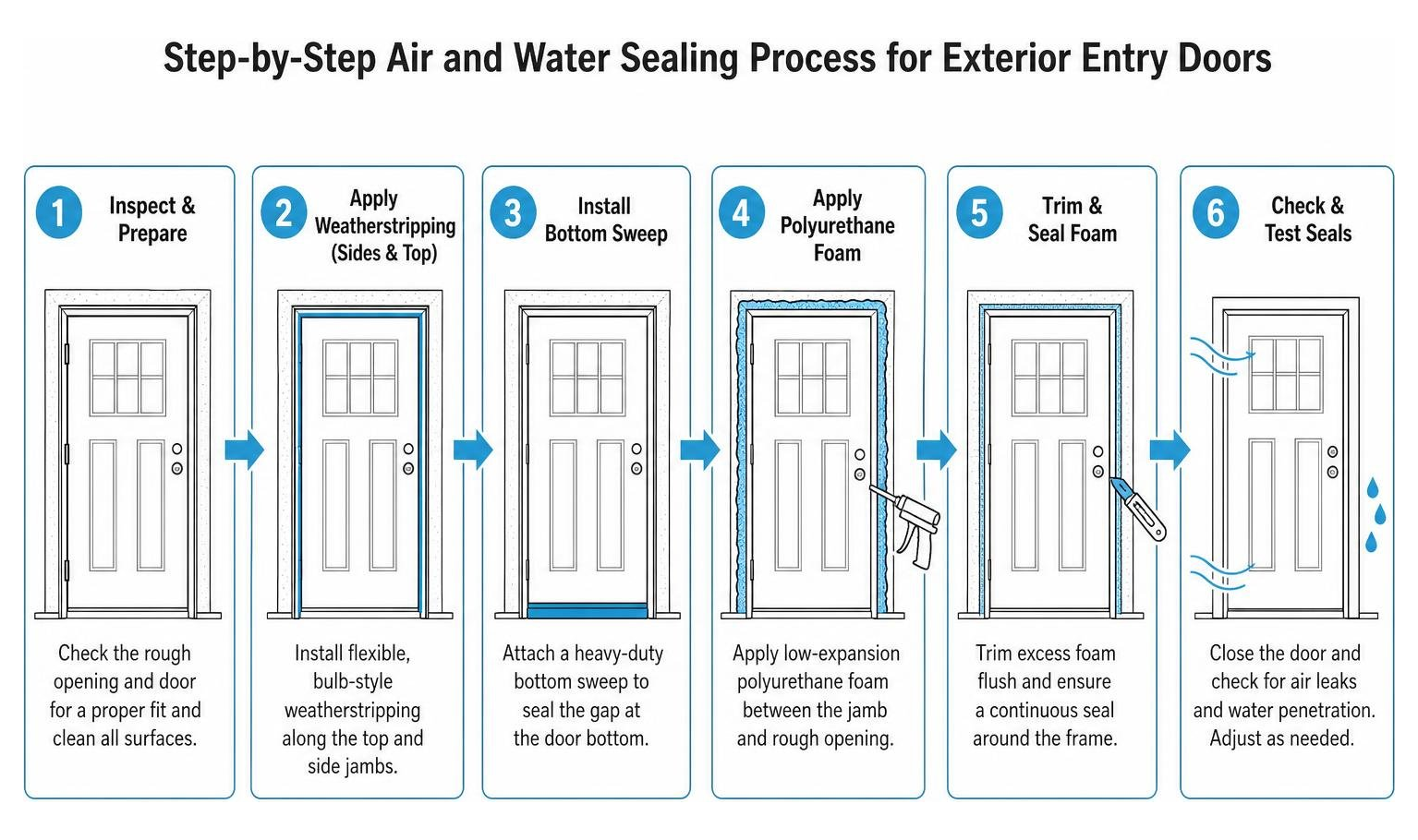 Step-by-step air and water sealing process for exterior entry doors Step-by-step air and water sealing process for exterior entry doors
