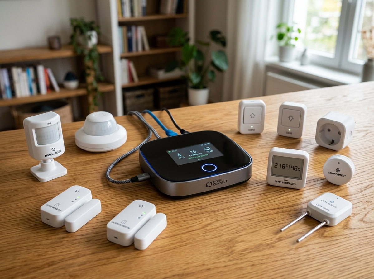 various smart sensors like motion, temp, and door sensors surrounding a central controller - home automation hub