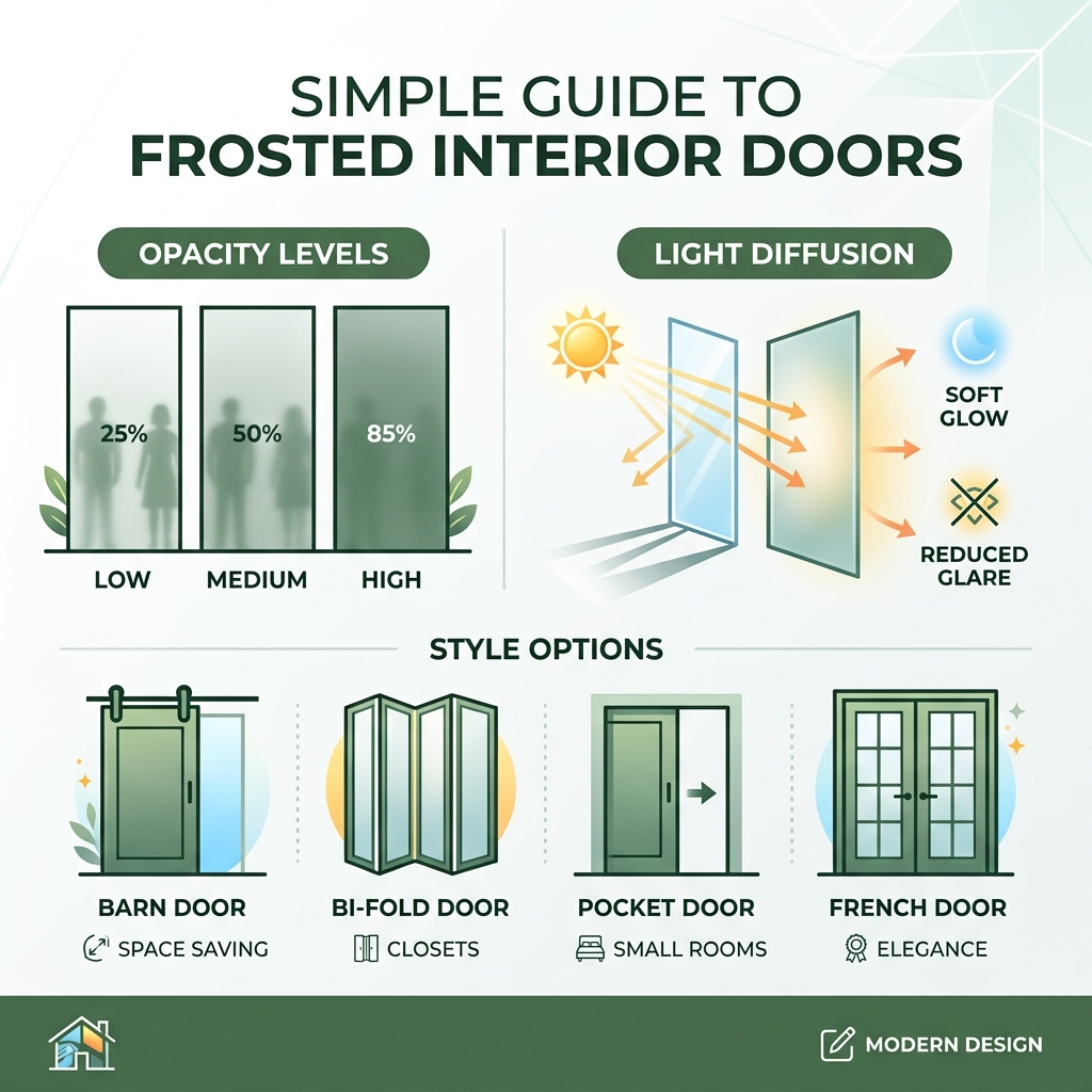 Infographic showing frosted door opacity levels, light diffusion, and style options for interior spaces - Frosted interior