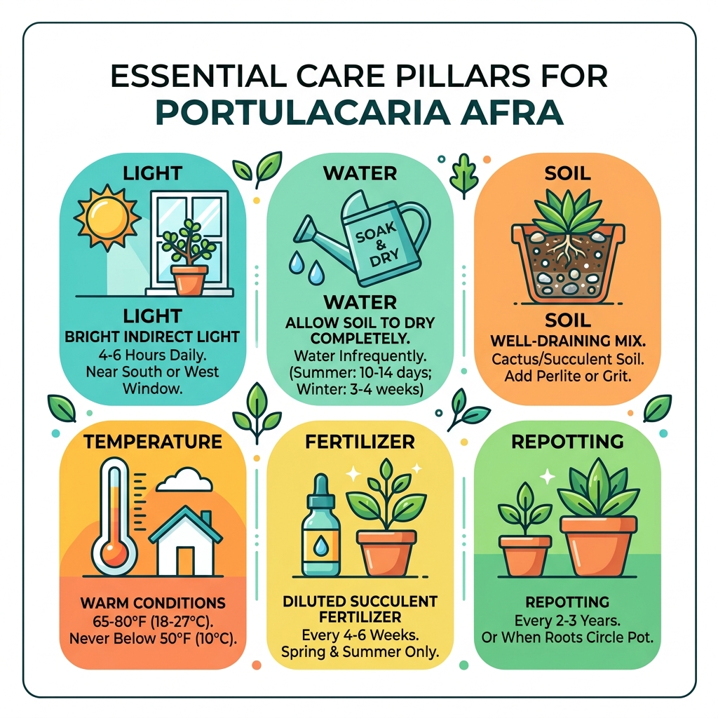 Infographic showing the 6 essential care pillars for Portulacaria afra: light, water, soil, temperature, fertilizer, and