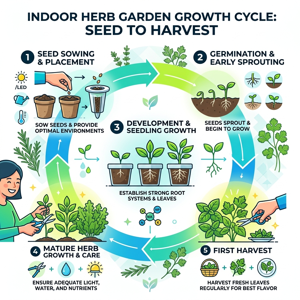Indoor herb garden growth cycle from seed to first harvest infographic - herb garden kit indoor infographic 