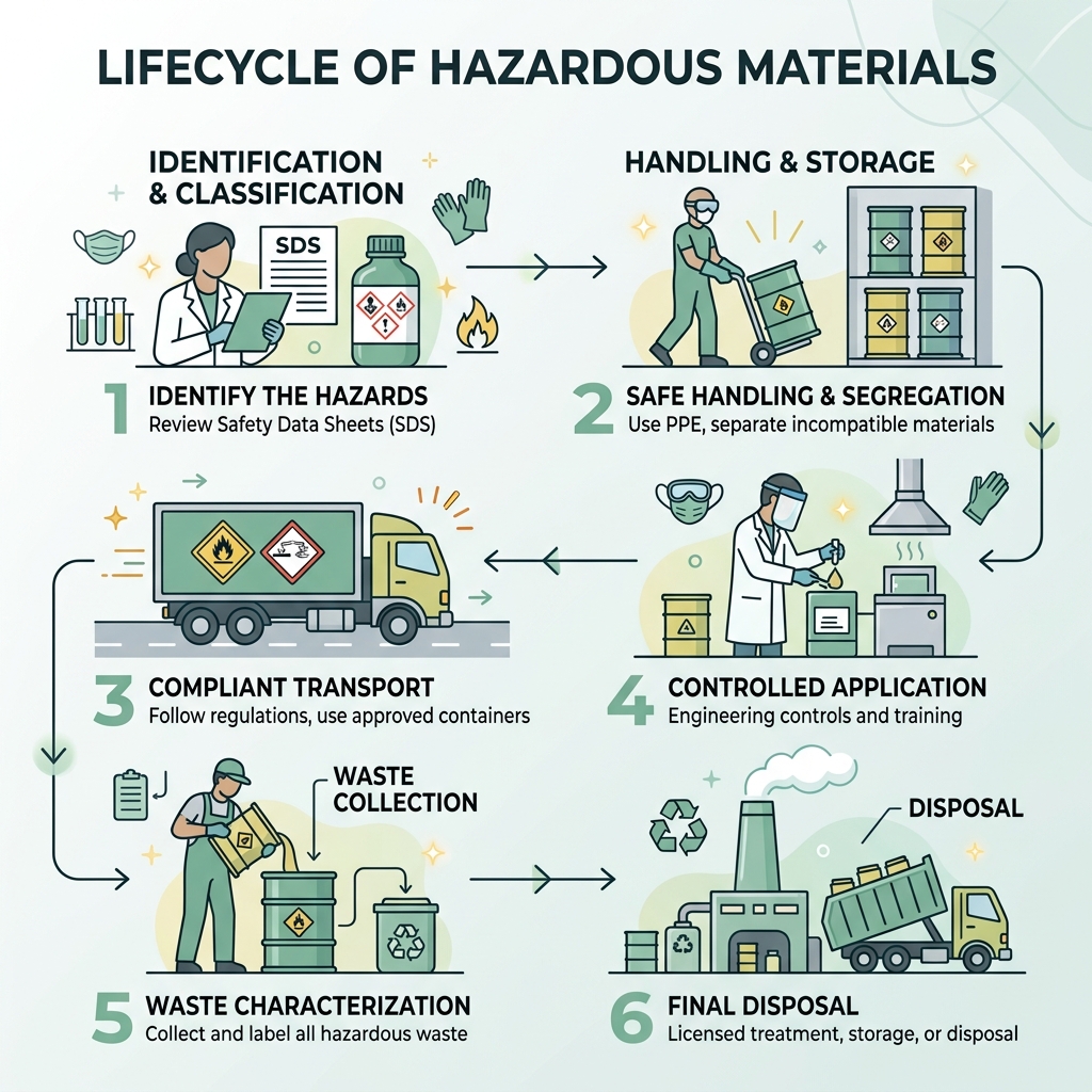Lifecycle of hazardous materials from identification to disposal with key safety steps - hazardous materials safety Lifecycle of hazardous materials from identification to disposal with key safety steps - hazardous materials safety