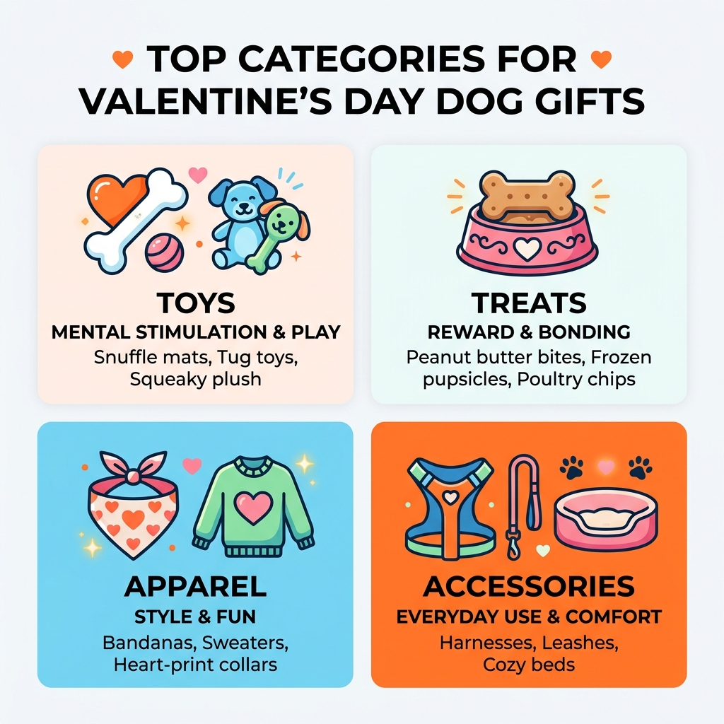 Top categories for Valentine's Day dog gifts with icons for toys, treats, apparel, and accessories - valentines day presents Top categories for Valentine's Day dog gifts with icons for toys, treats, apparel, and accessories - valentines day presents