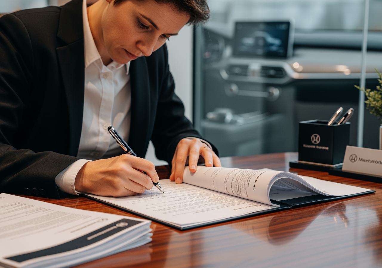 a person signing car purchase documents - Used Car Ownership