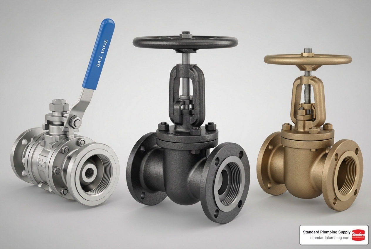 side-by-side comparison of a ball valve, gate valve, and globe valve - Shut off valve side-by-side comparison of a ball valve, gate valve, and globe valve - Shut off valve