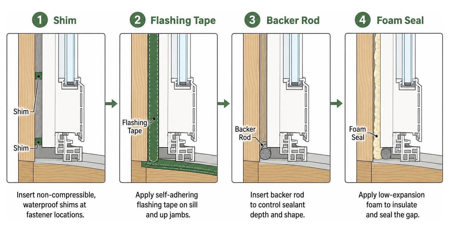 Diagram showing proper shimming, flashing tape, backer rod, and foam sealing steps Diagram showing proper shimming, flashing tape, backer rod, and foam sealing steps