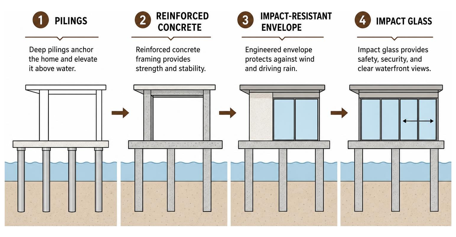 Diagram showing coastal engineering layers from pilings to reinforced concrete and impact glass