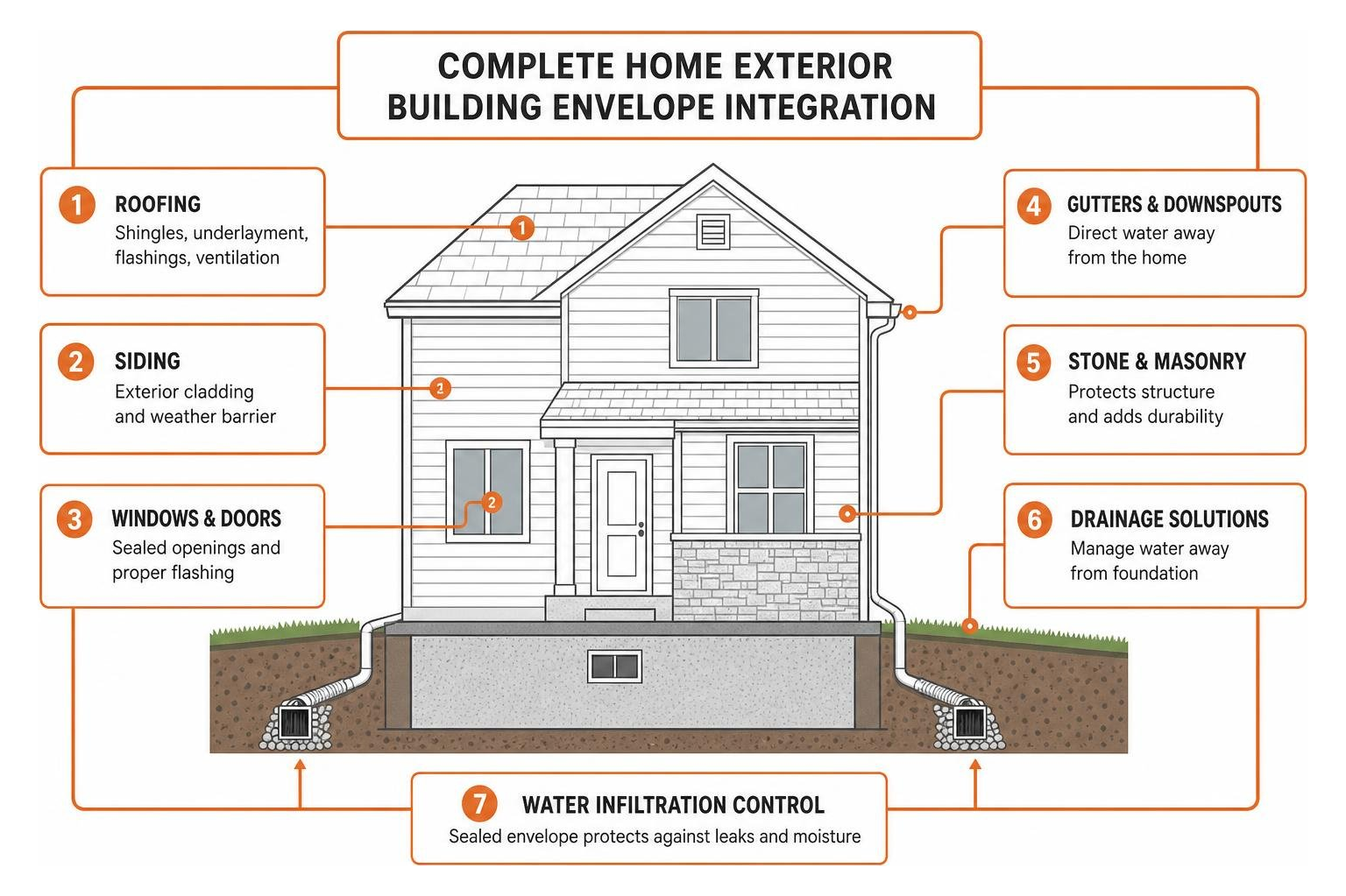 Diagram illustrating complete home exterior building envelope integration Diagram illustrating complete home exterior building envelope integration