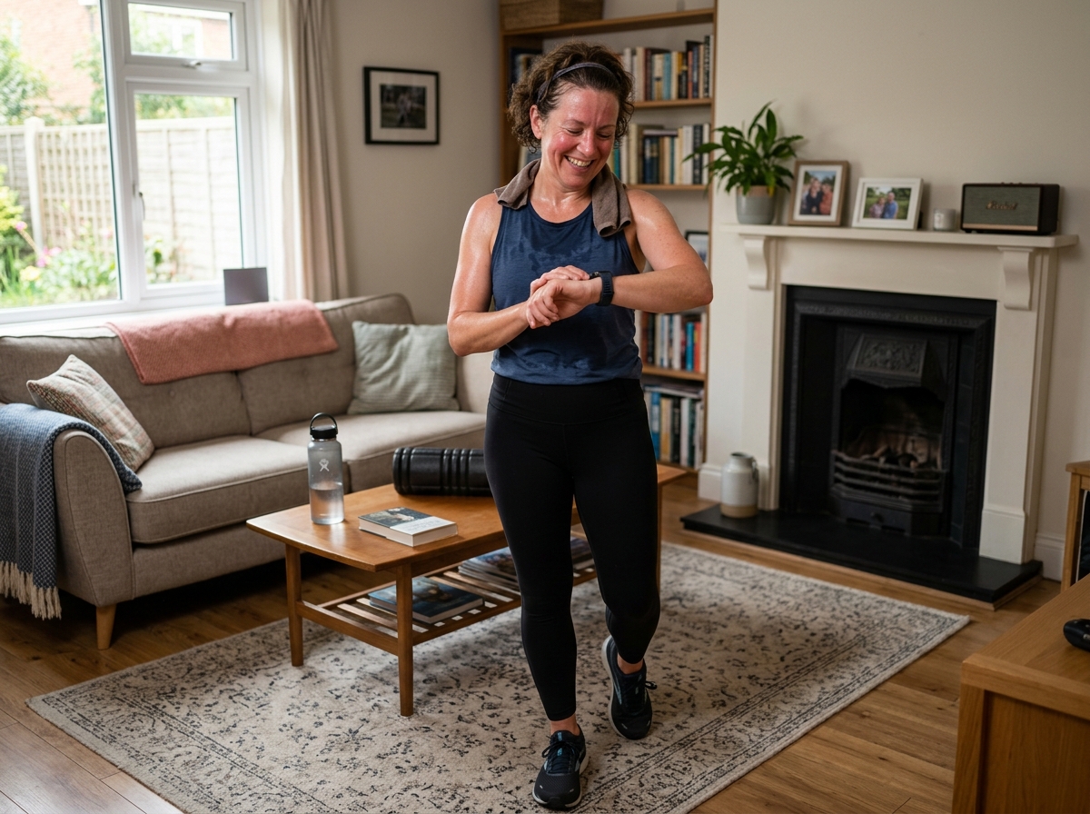 A person checking their fitness tracker after a home workout - at home quick cardio workout