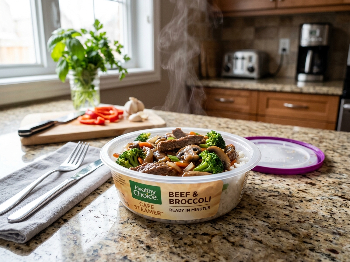 steaming Healthy Choice Cafe Steamer bowl with beef and broccoli - healthy frozen dinners for family