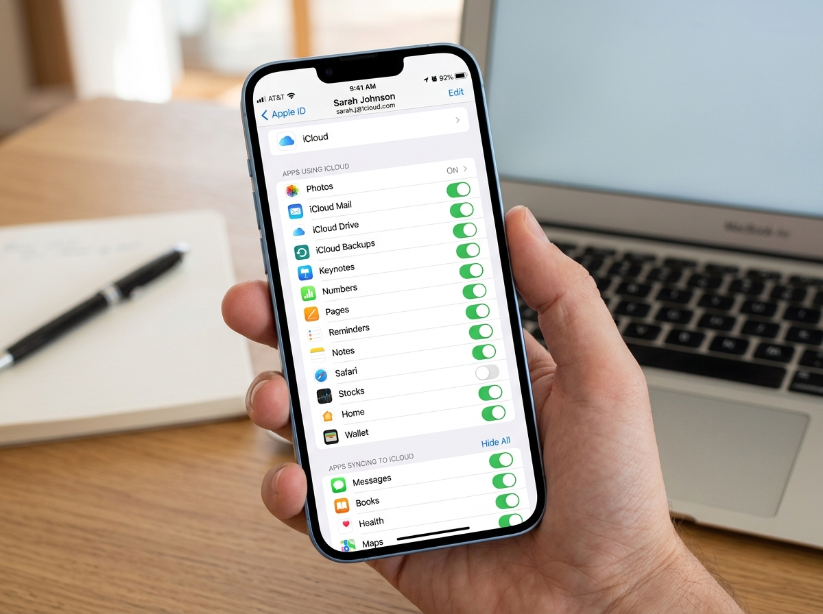 iCloud settings menu on an iPhone showing toggle switches for various apps - seamless cloud sync iphone
