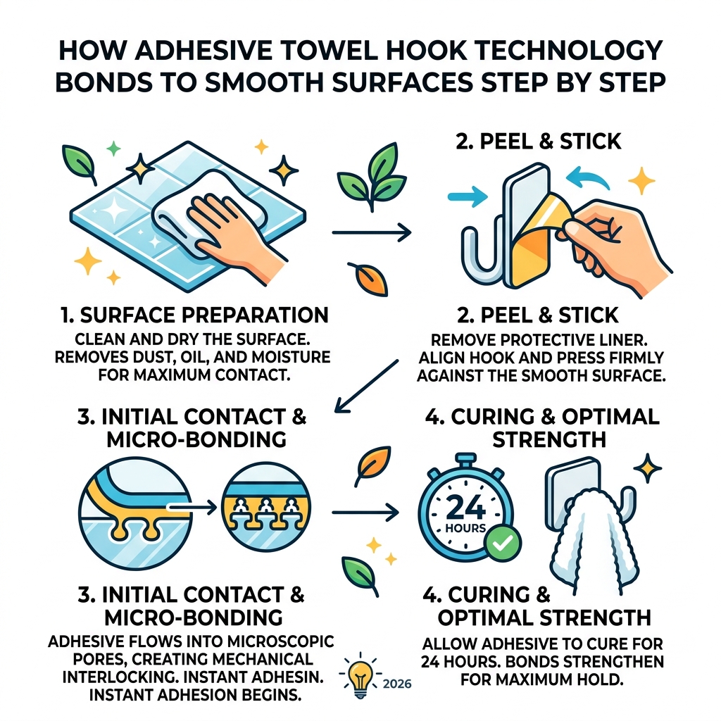 How adhesive towel hook technology bonds to smooth surfaces step by step - self adhesive towel hook infographic 