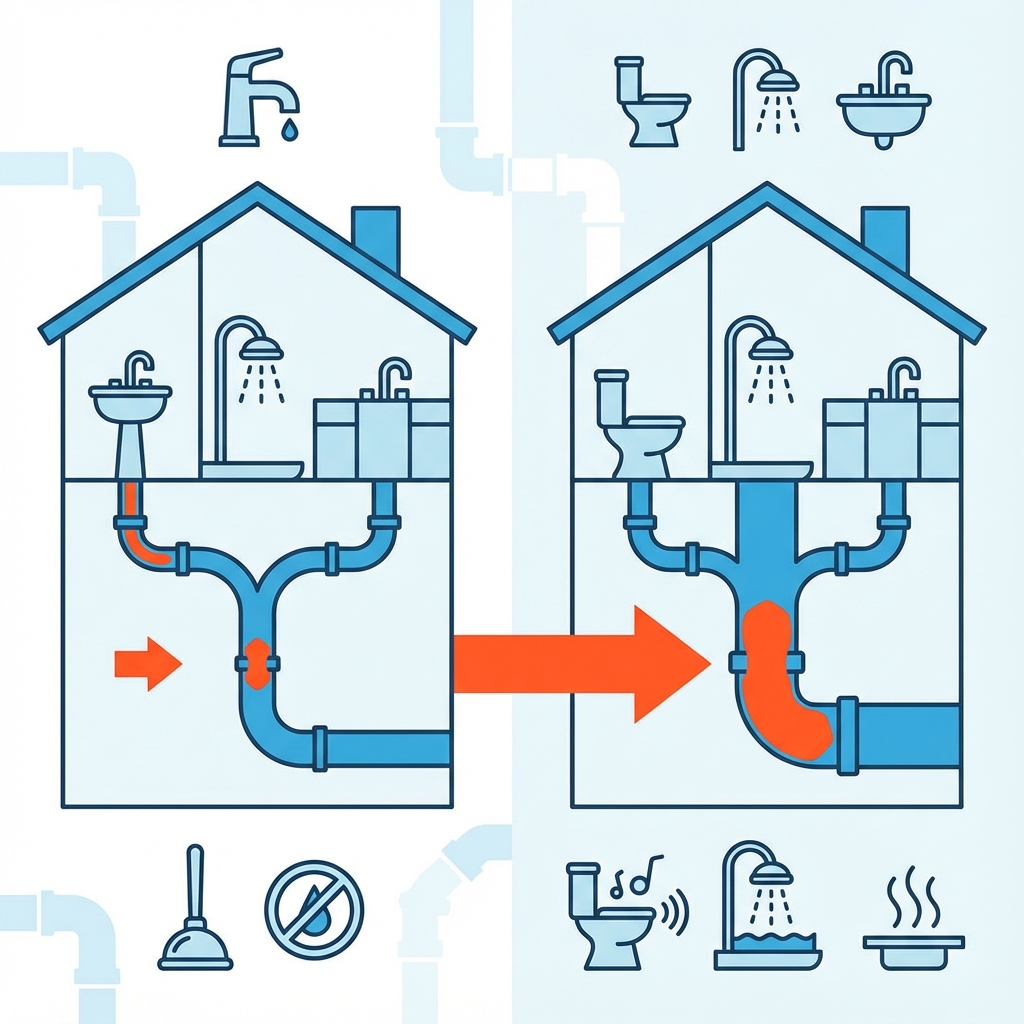 Infographic differentiating drain clog vs sewer line clog - clogged sewer line fix infographic 