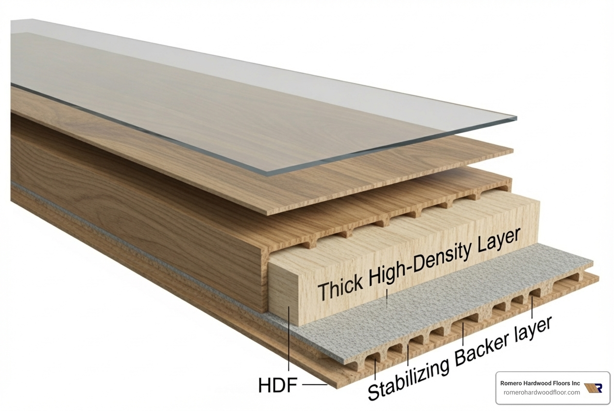 cross-section of a laminate plank showing the different layers - Long-lasting laminate flooring