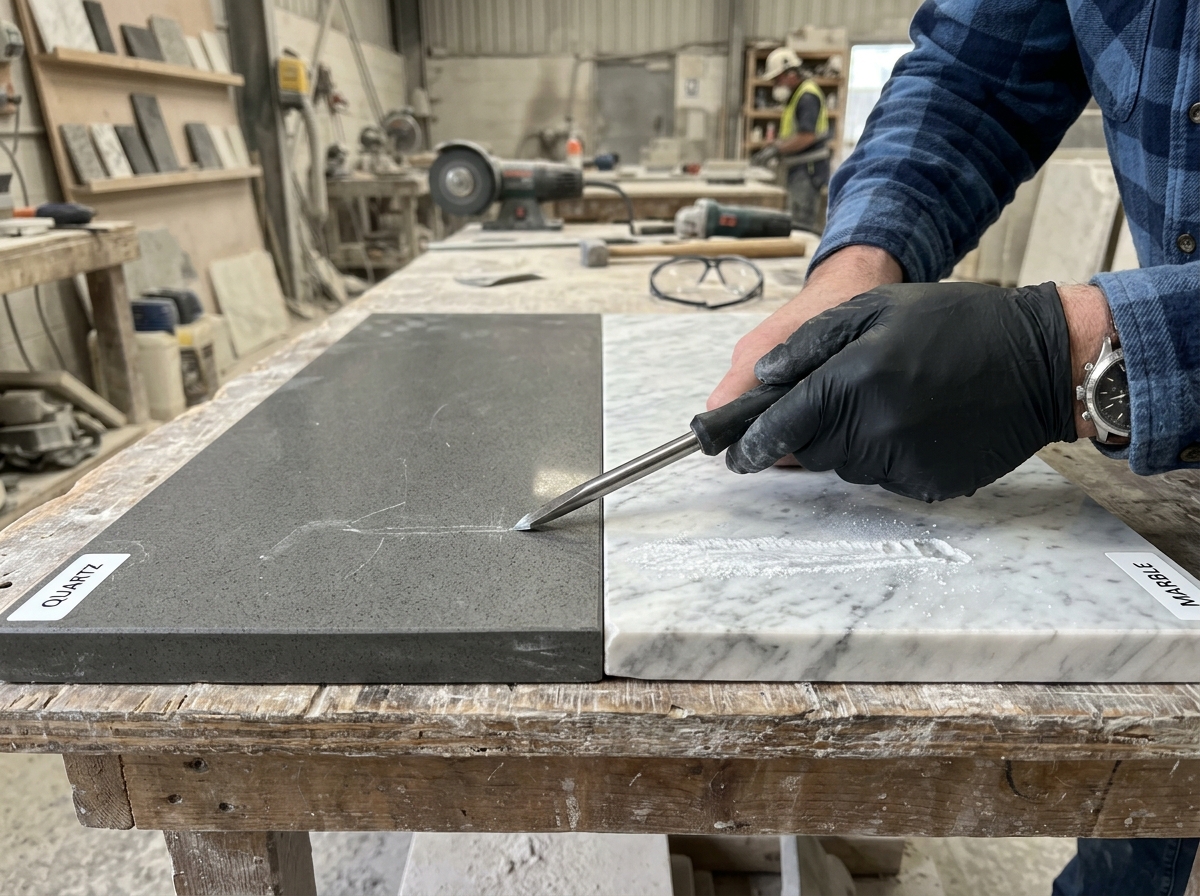 Close-up of a scratch test being performed on stone surfaces - is quartz more durable than marble