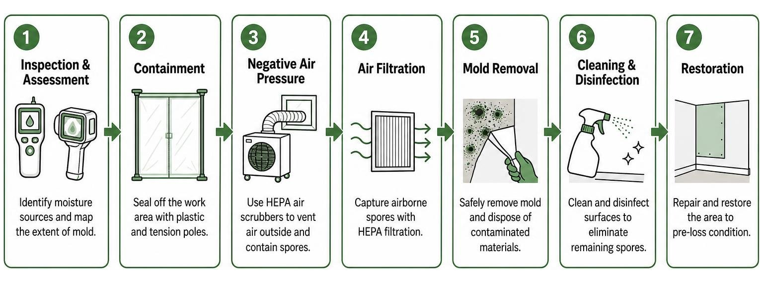 The step-by-step professional mold remediation sequence from containment to restoration The step-by-step professional mold remediation sequence from containment to restoration