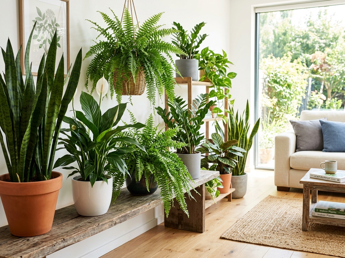 Diverse collection of lush indoor plants in a bright living room - best indoor plants that purify air
