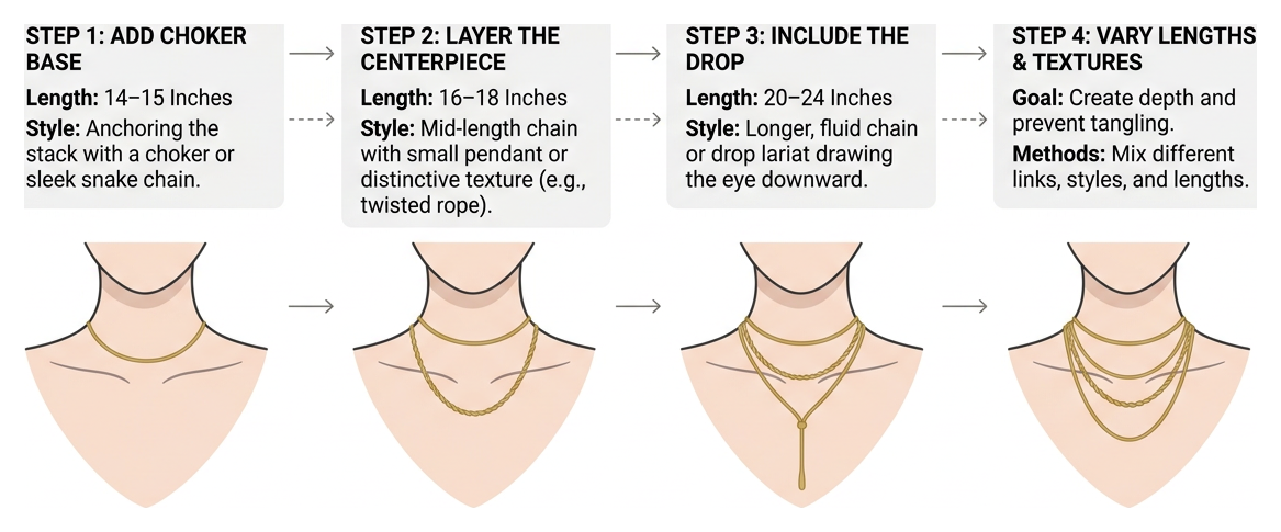 Step by step process for building a balanced layered gold necklace look