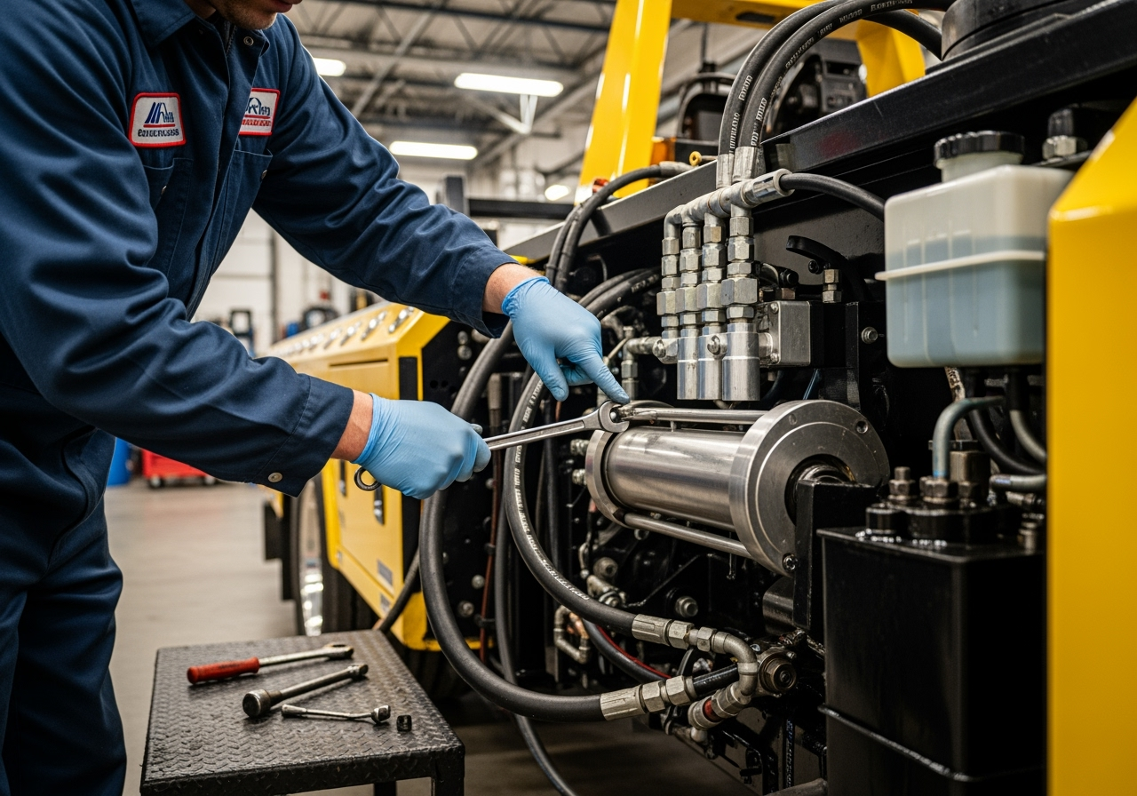 technician performing a maintenance check on a flatbed's hydraulic system - flatbed wrecker truck