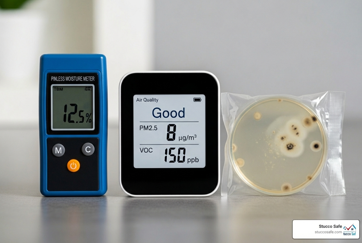 side-by-side of a pinless moisture meter, an indoor air quality monitor, and a petri dish test kit - digital mold detector side-by-side of a pinless moisture meter, an indoor air quality monitor, and a petri dish test kit - digital mold detector
